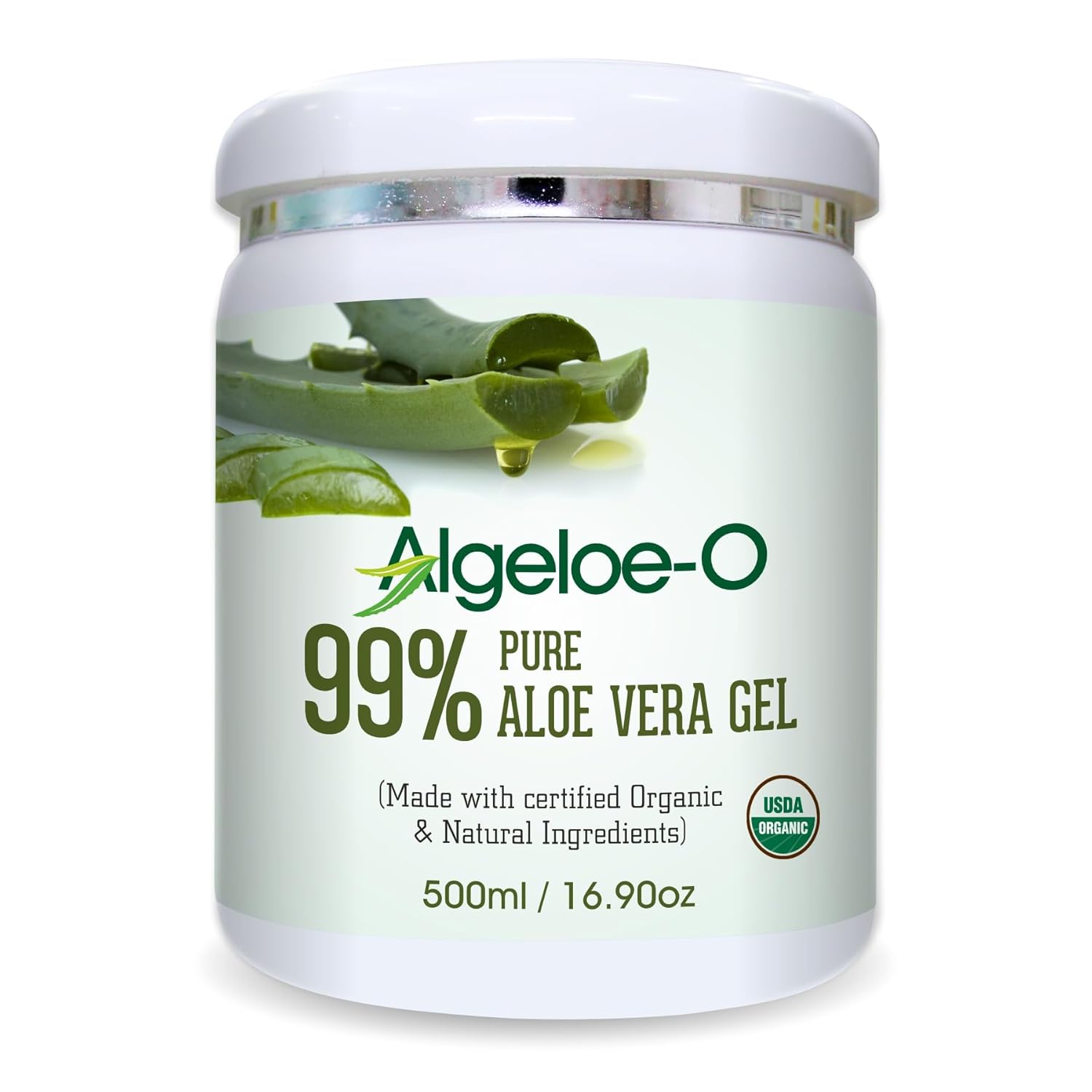 Algeloe-O Organic Aloe Vera Gel - 99% Pure, Made with USDA Certified Aloe Vera Powder | Paraben & Sulfate Free | No Added Color - 500ml/16.9oz