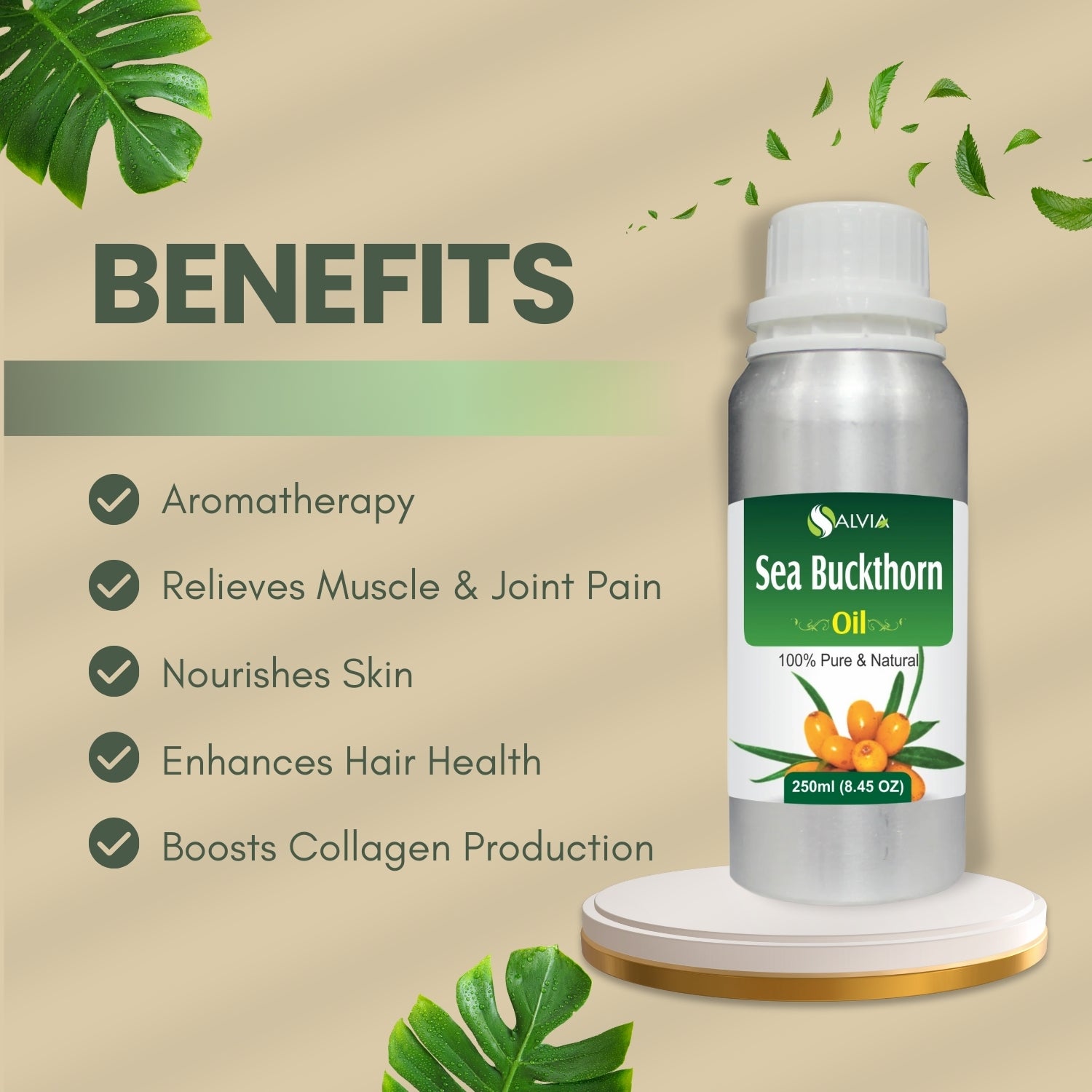 Sea Buckthorn (Hippophae Rhamnoides) Oil 100% Pure & Natural Carrier Oil Supports Wound Healing, Diminishes Scars, Improves Skin Elasticity