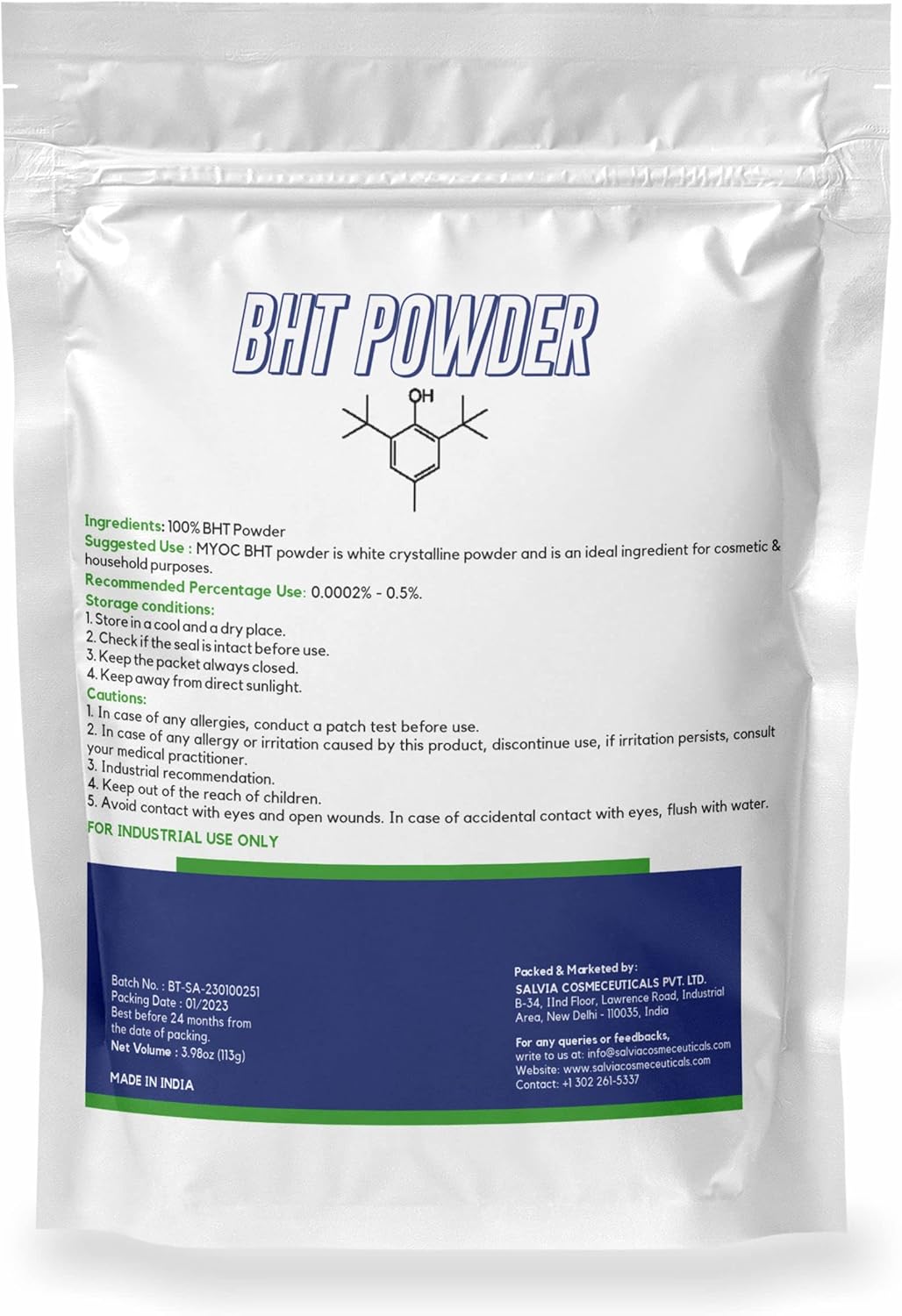 MYOC BHT Powder - 113g (3.98 Oz) | Premium Butylated Hydroxytoluene (BHT) Powder for Cosmetics - Paraben-Free Formula