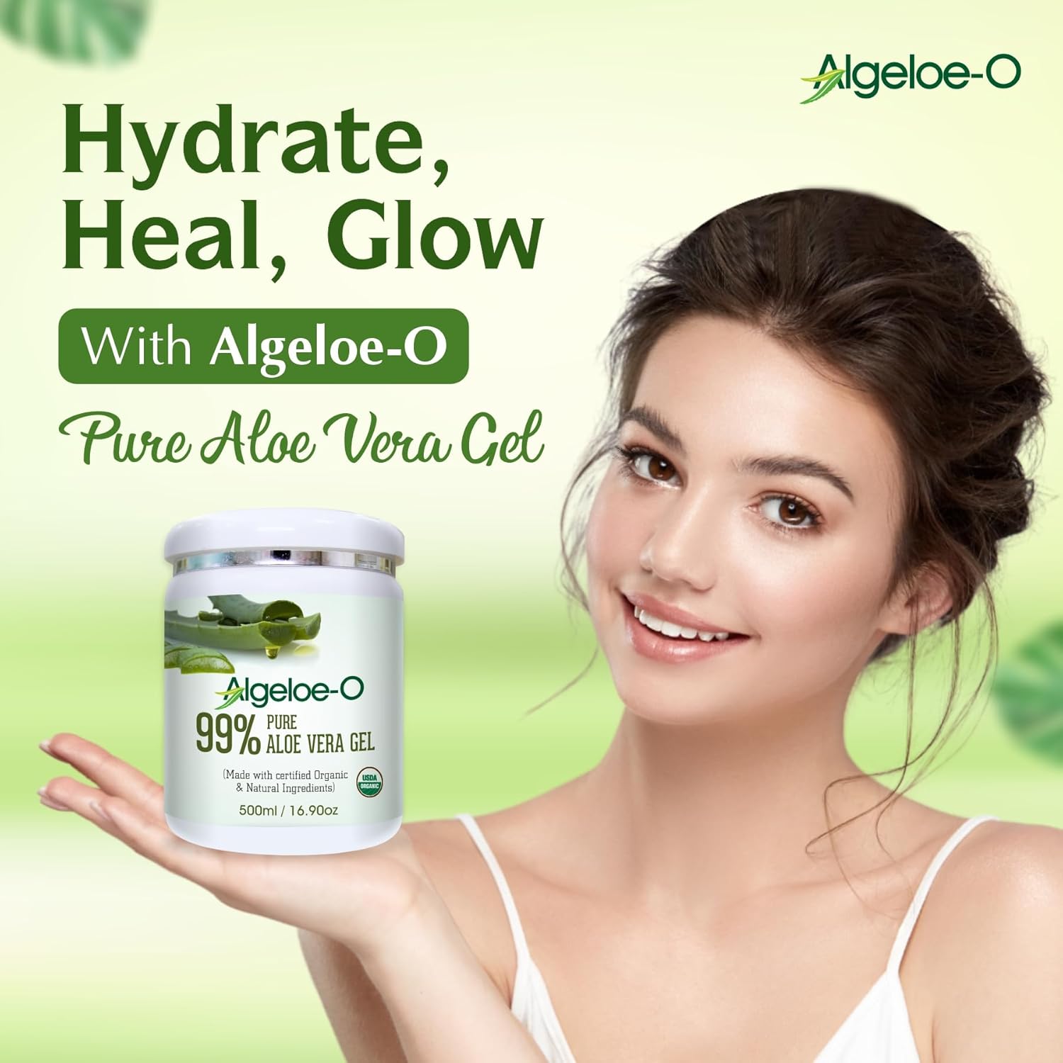 Algeloe-O Organic Aloe Vera Gel - 99% Pure, Made with USDA Certified Aloe Vera Powder | Paraben & Sulfate Free | No Added Color - 500ml/16.9oz