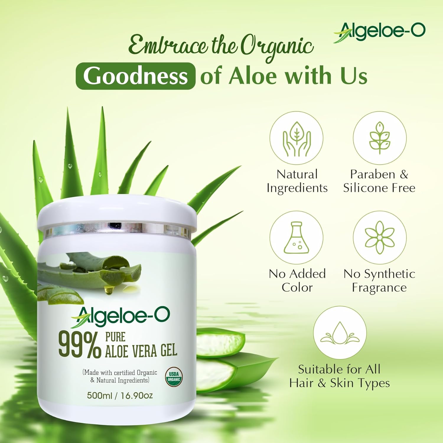 Algeloe-O Organic Aloe Vera Gel - 99% Pure, Made with USDA Certified Aloe Vera Powder | Paraben & Sulfate Free | No Added Color - 500ml/16.9oz