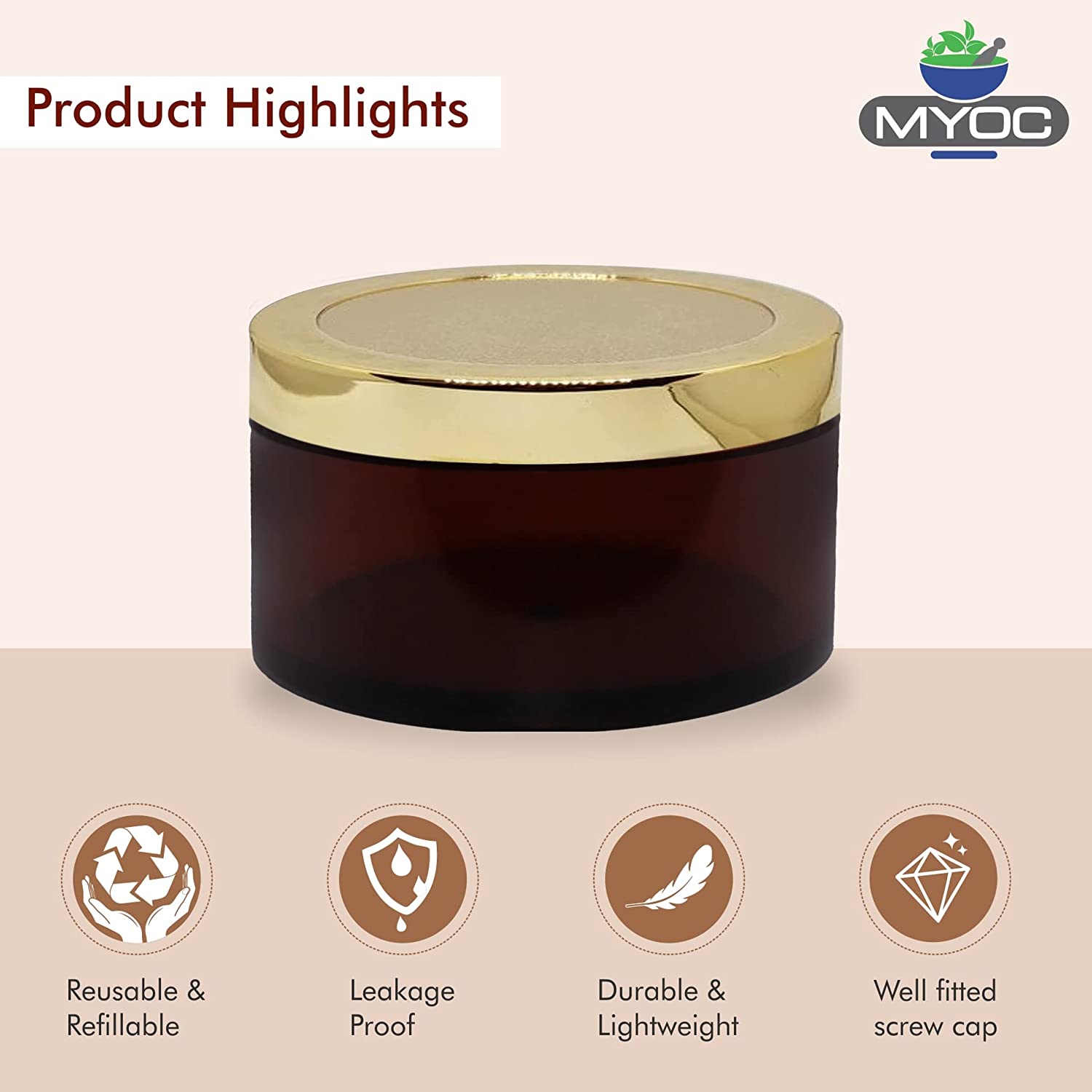 Shoprythm Cosmetic Jar MYOC Amber San Jars with Golden Cap & Inner lid for Creams, Gels, Body Scrub & Butter