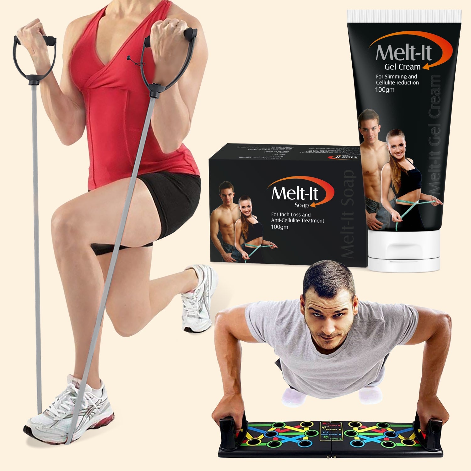 shoprythmindia Meltit Combo Melt-it Cream with Push-up board and Resistance Tube (Free Soap)