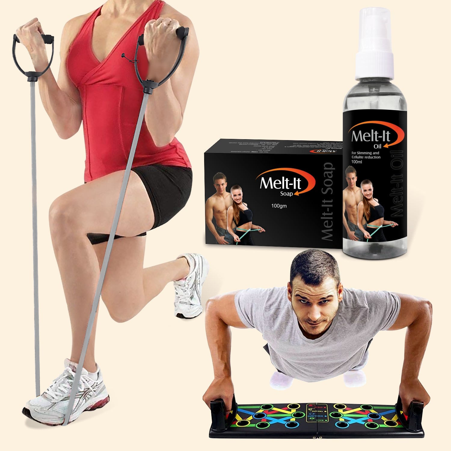 shoprythmindia Meltit Combo Melt-it Oil with Push-up board and Resistance Tube (Free Soap)